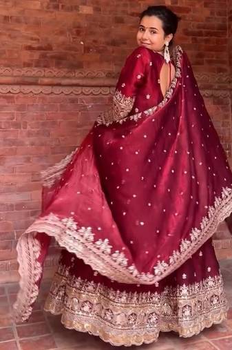 Wine embroidery fendy silk  fully stitched anarkali suit set