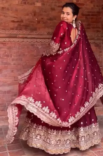 Wine embroidery fendy silk  fully stitched anarkali suit set