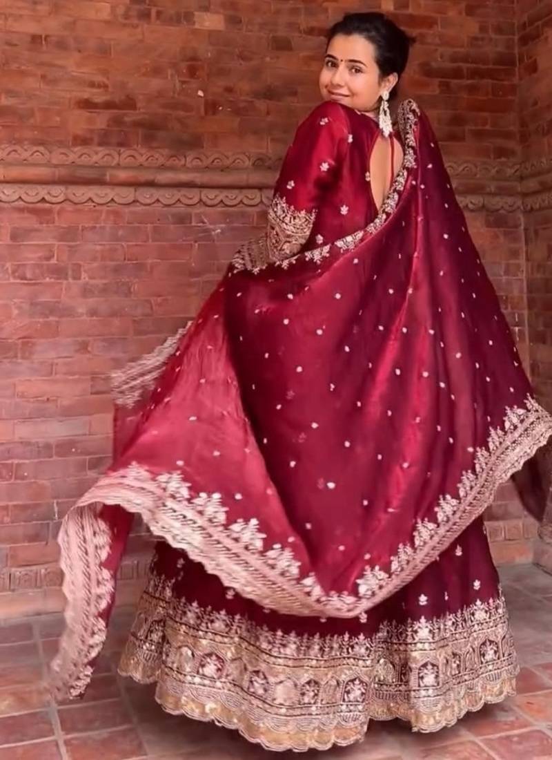 Wine embroidery fendy silk  fully stitched anarkali suit set