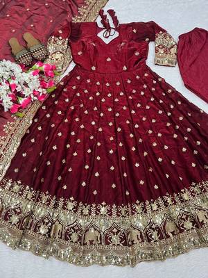 Wine embroidery Blend Tissue fully stitched anarkali suit set 2