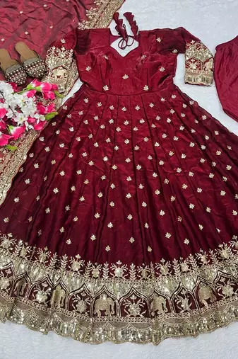 Wine embroidery Blend Tissue fully stitched anarkali suit set