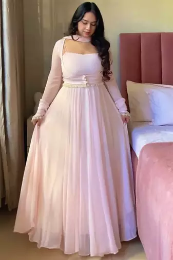 Baby pink embroidery faux georgette fully stitched anarkali suit set