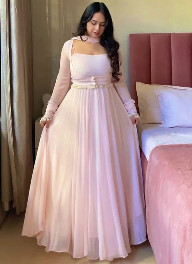 Baby pink embroidery faux georgette fully stitched anarkali suit set