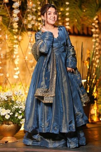 Navy blue embroidery vichitra silk fully stitched anarkali suit set