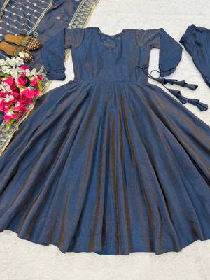 Navy blue embroidery vichitra silk blend fully stitched anarkali suit set 4