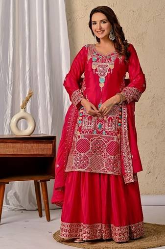 Rani pink embroidery silk fully stitched sharara palazzo suit set