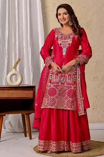 Rani pink embroidery silk fully stitched sharara palazzo suit set