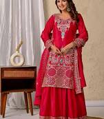 Rani pink embroidery silk fully stitched sharara palazzo suit set