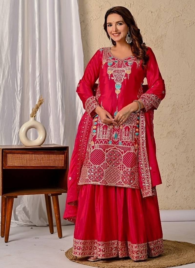 Rani pink embroidery silk fully stitched sharara palazzo suit set