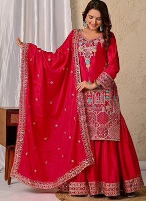 Rani pink embroidery silk blend fully stitched sharara suit set 2