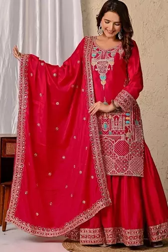 Rani pink embroidery silk blend fully stitched sharara suit set