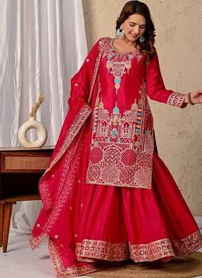 Rani pink embroidery silk blend fully stitched sharara suit set 3