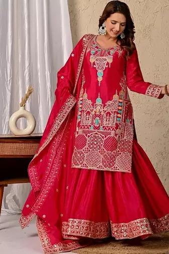 Rani pink embroidery silk blend fully stitched sharara suit set