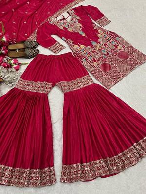 Rani pink embroidery silk blend fully stitched sharara suit set 4