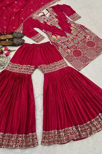 Rani pink embroidery silk blend fully stitched sharara suit set