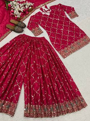 Rani pink embroidery silk blend fully stitched sharara suit set 1