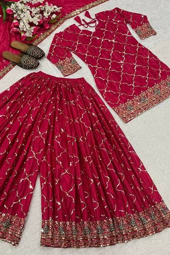 Rani pink embroidery silk fully stitched sharara palazzo suit set