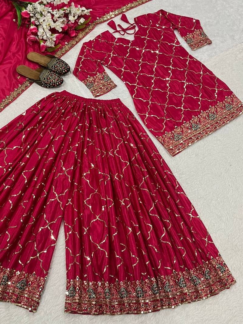 Rani pink embroidery silk fully stitched sharara palazzo suit set