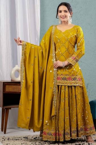 Mehendi embroidery silk fully stitched sharara palazzo suit set