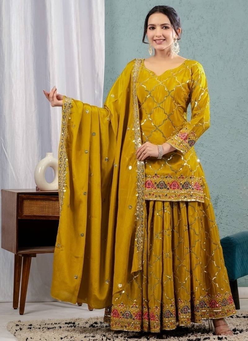 Mehendi embroidery silk fully stitched sharara palazzo suit set