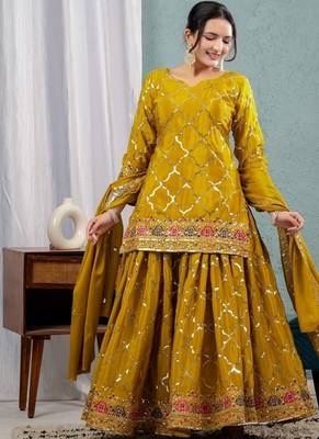 Mehendi embroidery silk blend fully stitched sharara suit set 2