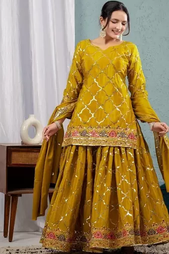 Mehendi embroidery silk blend fully stitched sharara suit set