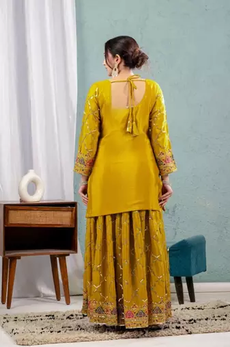 Mehendi embroidery silk blend fully stitched sharara suit set