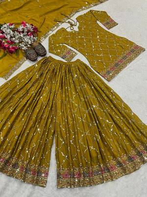 Mehendi embroidery silk blend fully stitched sharara suit set 4