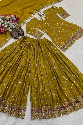 Mehendi embroidery silk blend fully stitched sharara suit set