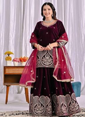 Wine embroidery viscous velvet fully stitched sharara suit set 1