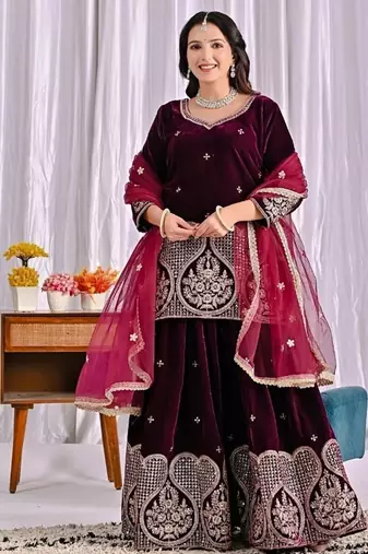 Wine embroidery viscous velvet fully stitched sharara palazzo suit set
