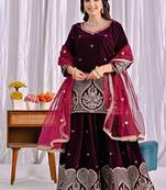 Wine embroidery viscous velvet fully stitched sharara palazzo suit set