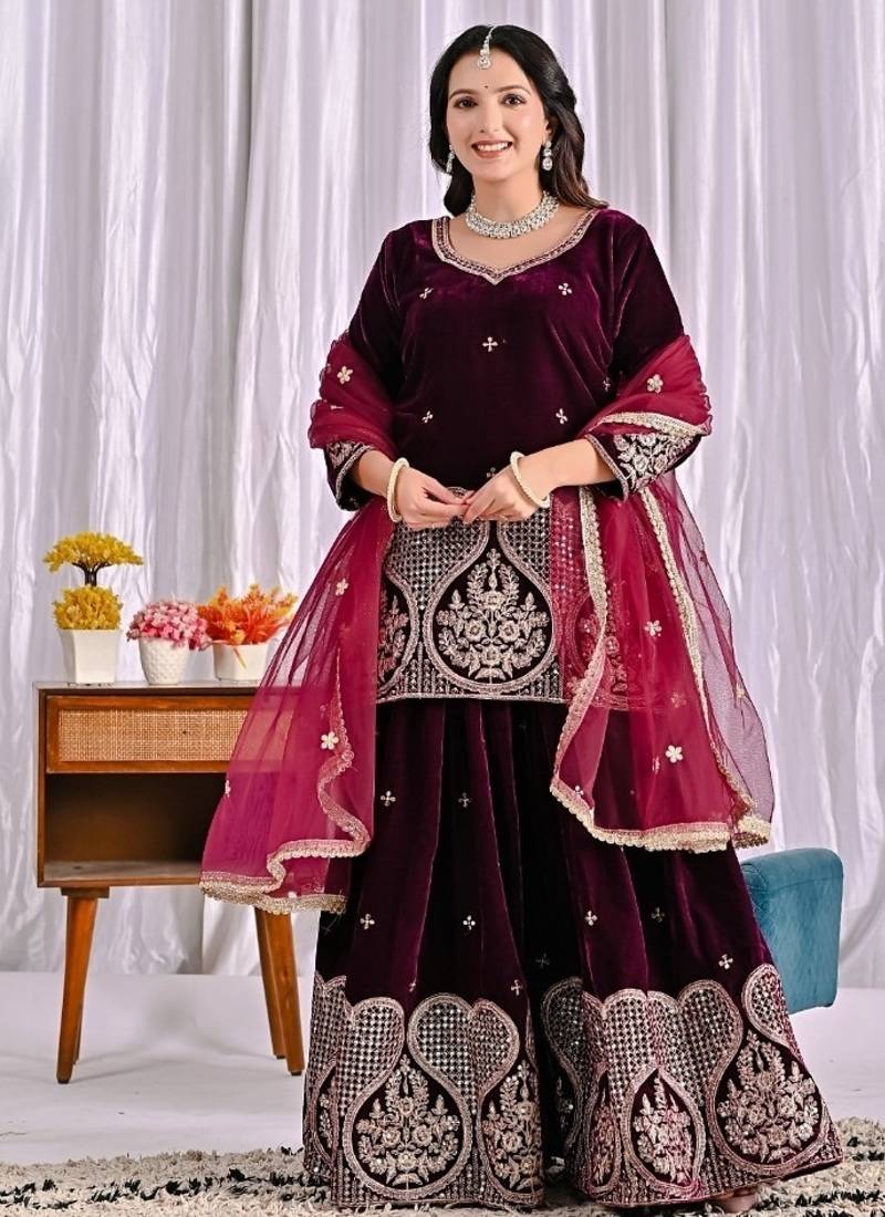 Wine embroidery viscous velvet fully stitched sharara palazzo suit set