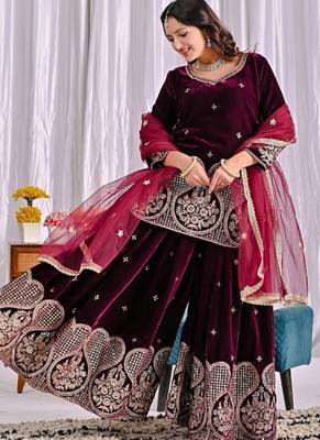 Wine embroidery viscous velvet fully stitched sharara suit set 2