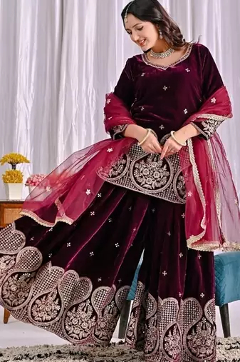 Wine embroidery viscous velvet fully stitched sharara suit set