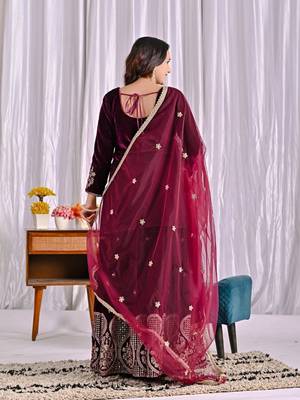 Wine embroidery viscous velvet fully stitched sharara suit set 3