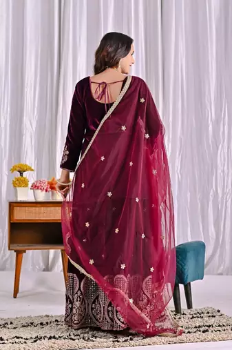 Wine embroidery viscous velvet fully stitched sharara suit set