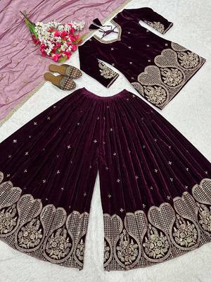 Wine embroidery viscous velvet fully stitched sharara suit set 4