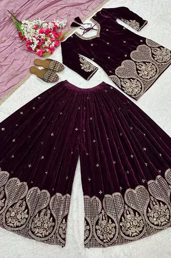 Wine embroidery viscous velvet fully stitched sharara suit set