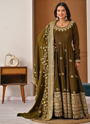 Mehendi embroidery silk blend fully stitched anarkali suit set 1