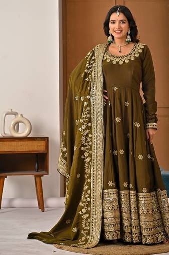 Mehendi embroidery silk fully stitched anarkali suit set