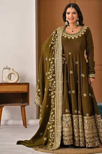 Mehendi embroidery silk fully stitched anarkali suit set