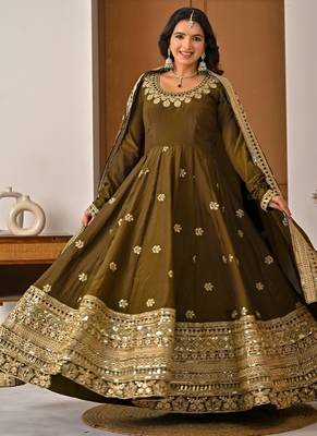 Mehendi embroidery silk blend fully stitched anarkali suit set 2