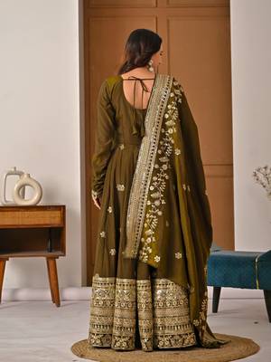 Mehendi embroidery silk blend fully stitched anarkali suit set 3