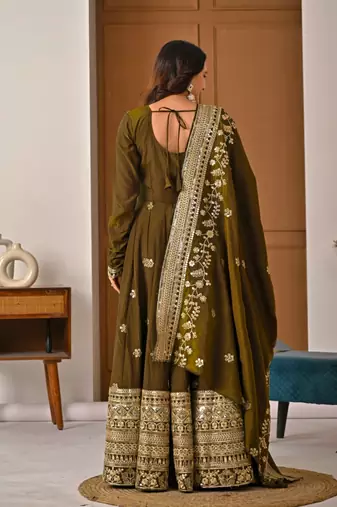 Mehendi embroidery silk fully stitched anarkali suit set