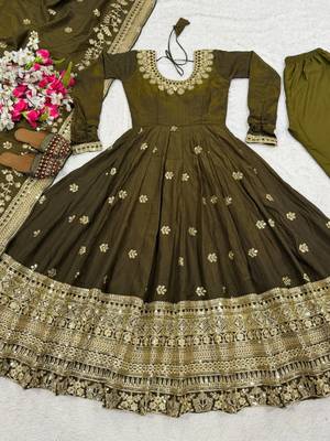 Mehendi embroidery silk blend fully stitched anarkali suit set 4