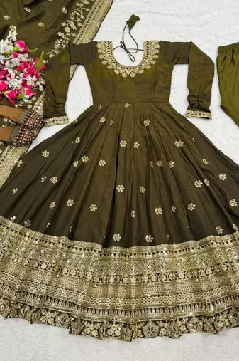 Mehendi embroidery silk fully stitched anarkali suit set