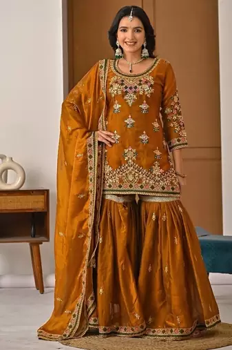 Copper embroidery fandy silk fully stitched sharara palazzo suit set