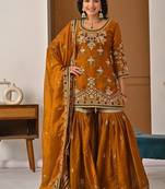 Copper embroidery fandy silk fully stitched sharara palazzo suit set