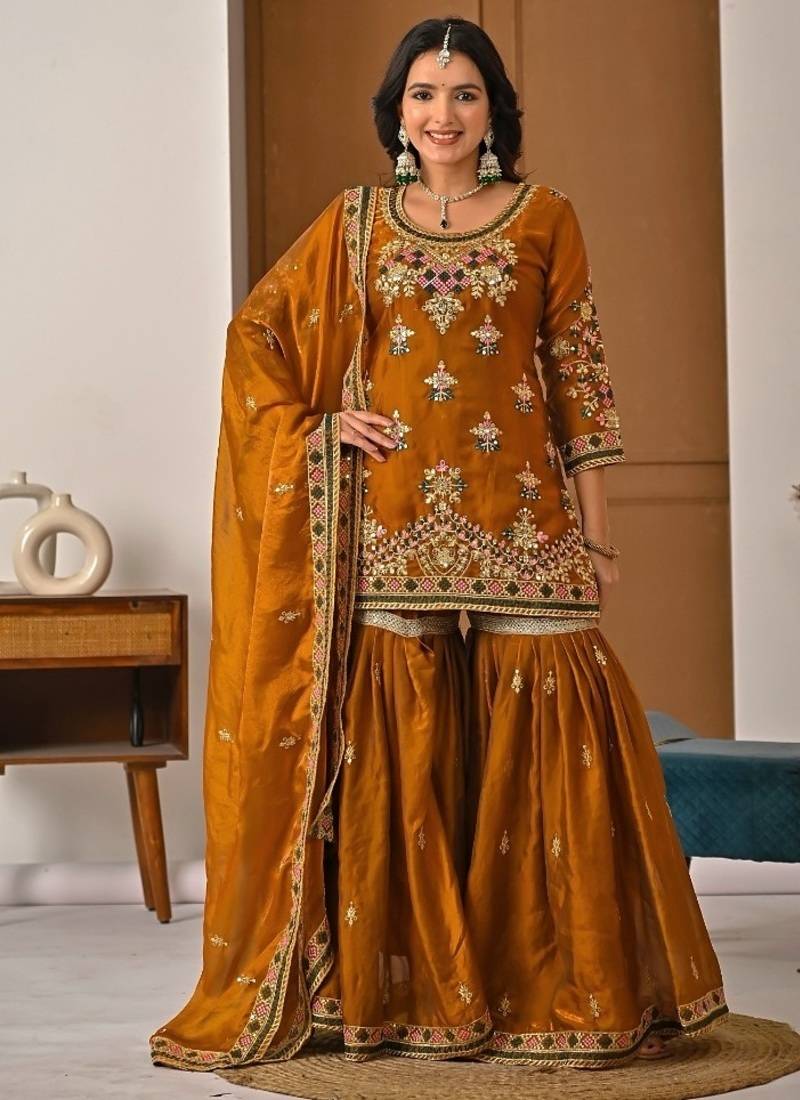 Copper embroidery fandy silk fully stitched sharara palazzo suit set